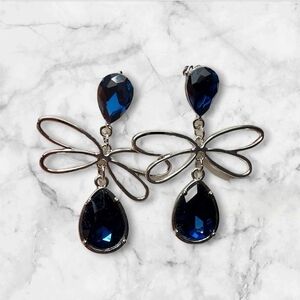 NWT NADINE WEST Dragonfly Sapphire Teardrop Rhinestone Earrings ~2"